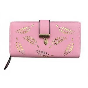 New Women's Pink Envelope Wallet with Cutout Gold Leaves Floral Bills Coins ID